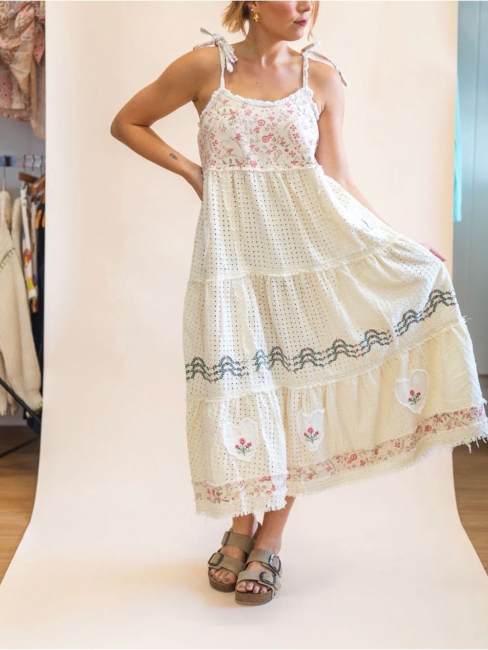POL Cream Maxi Dress with Pink Floral Embroidery